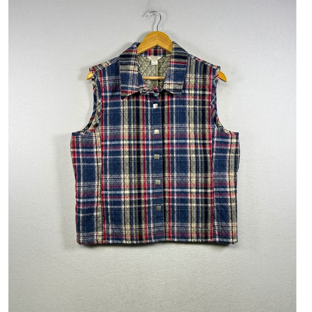Christopher & Banks Quilted Vest Womens XL Blue Red‎ Plaid Cotton Snap Front